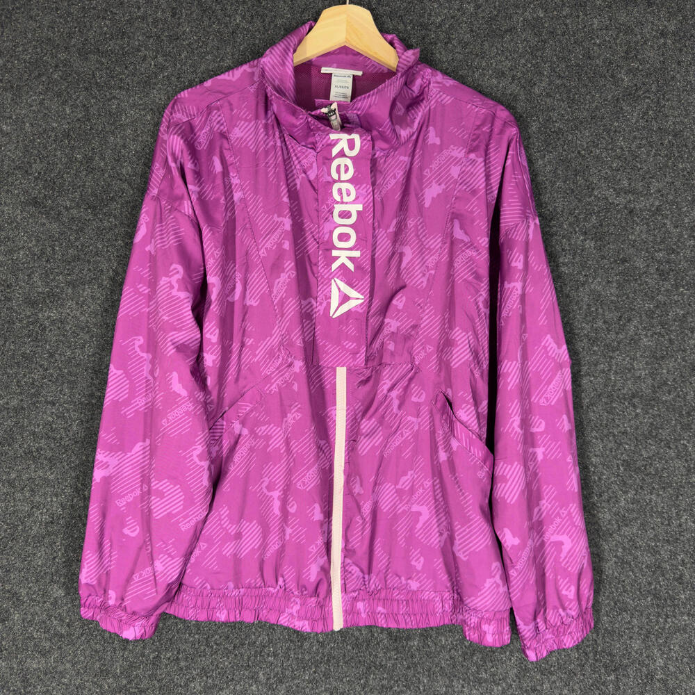 Reebok Activewear Track Jacket Women XL Purple Animal Print Full Zip Long Sleeve